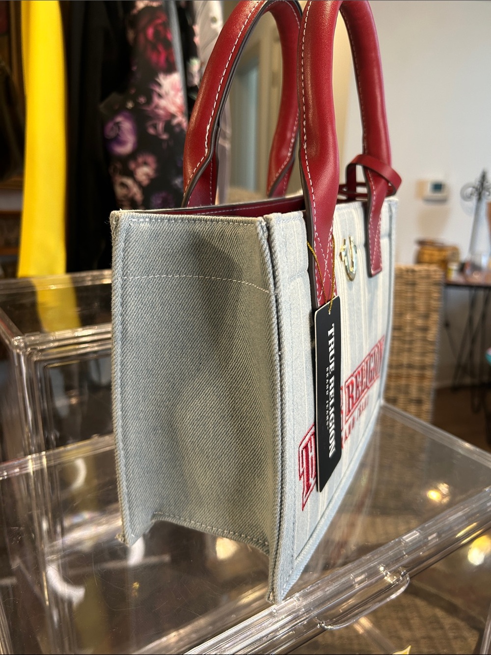 True Religion blue striped denim tote/ red leather trim 10.25”x 4.25”x 7.5” NWT - Picture 7 of 9